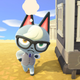 Raymond the cat contemplating something in front of a black house in the video game Animal Crossing: New Horizons.